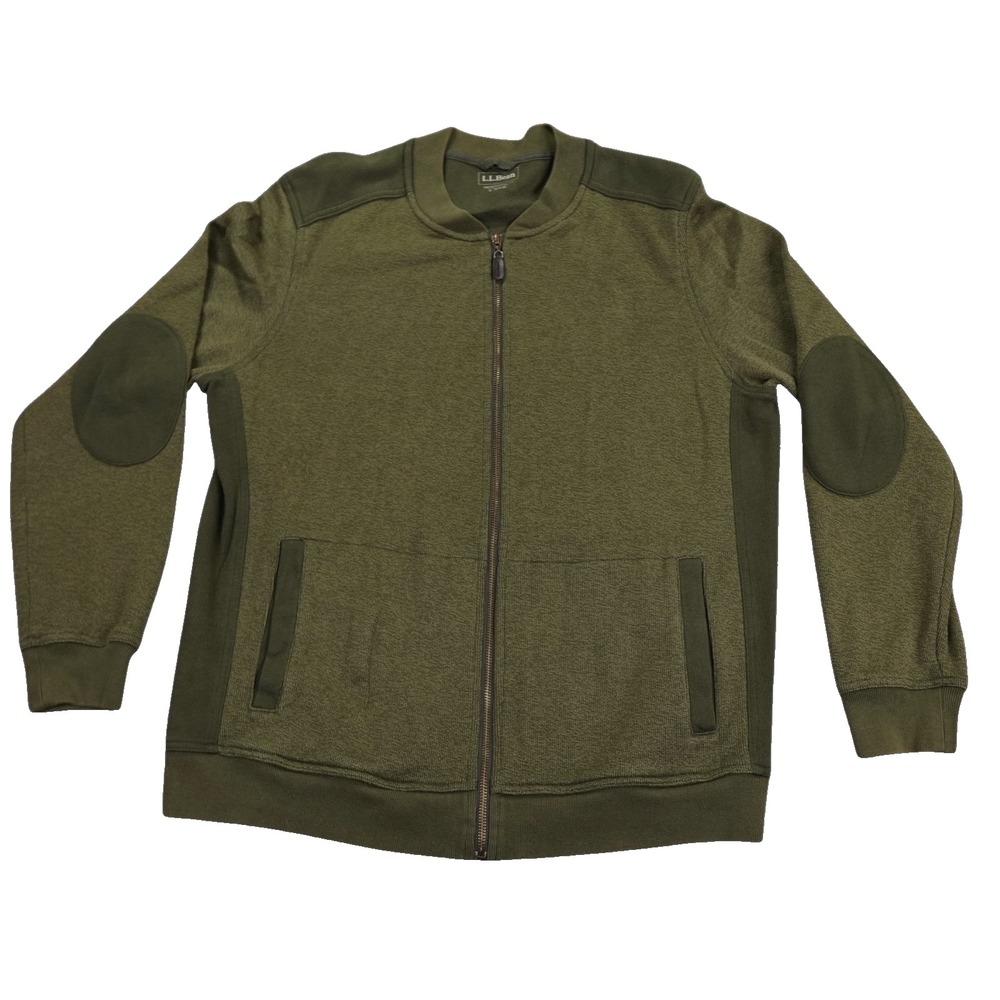 LL Bean Sweater Jacket Men Large Green Zip Elbow Patch Outdoor Workwear Military